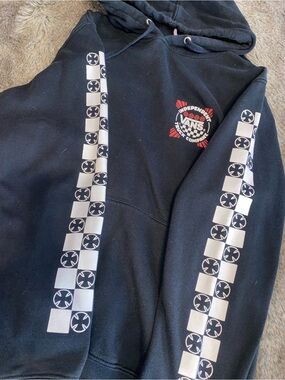 Vans Black Hoodie with White Checker Sleeve Stripes